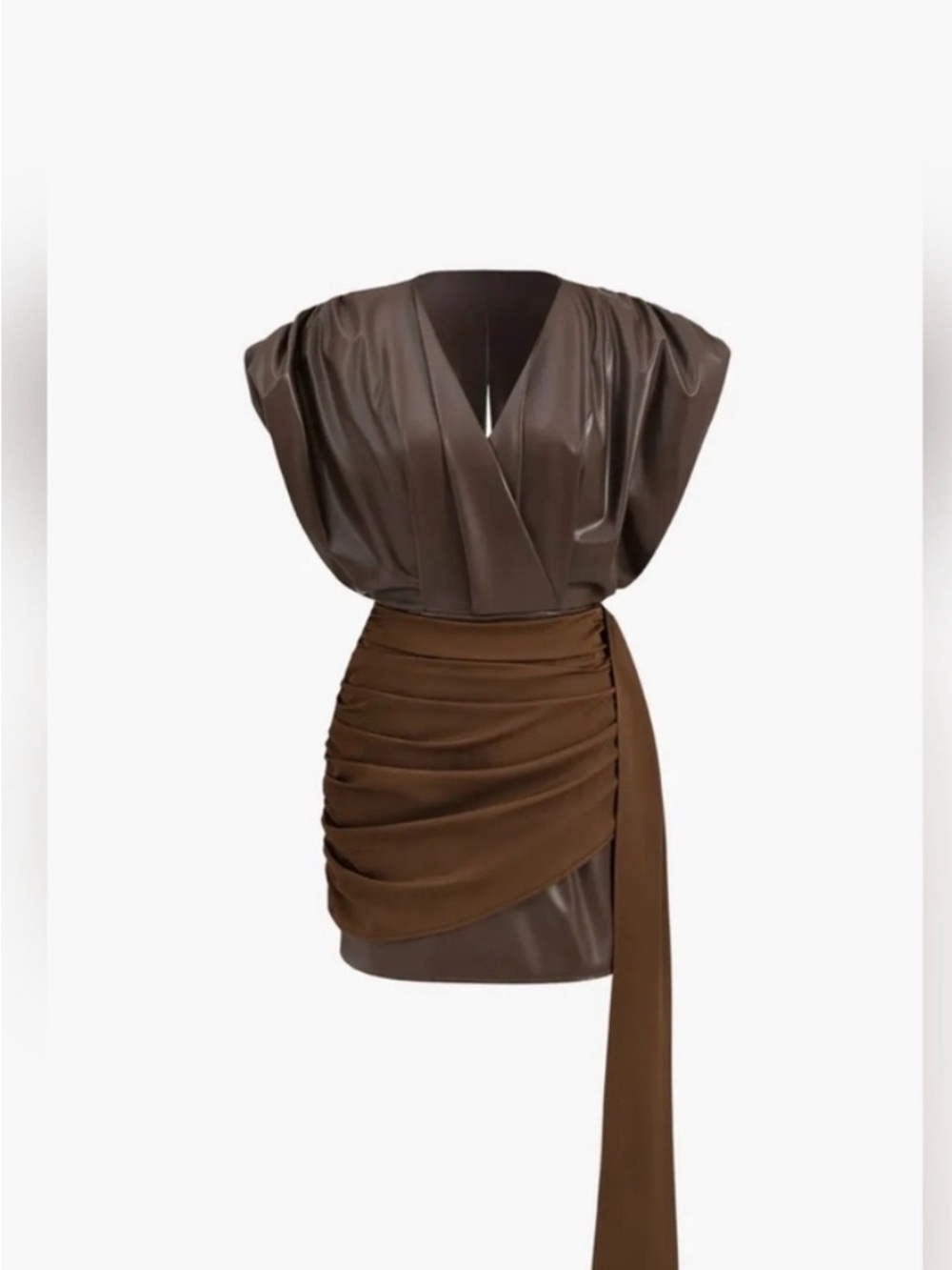 Brown Draped Faux-Leather Mini Dress with Side Sash